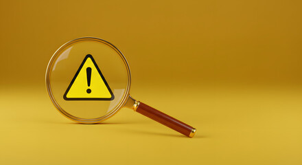 Attention caution warning concept. Magnifying glass focus on red page with exclamation error mark for important alert signal, Hazard, risk ,danger background with copyspace.