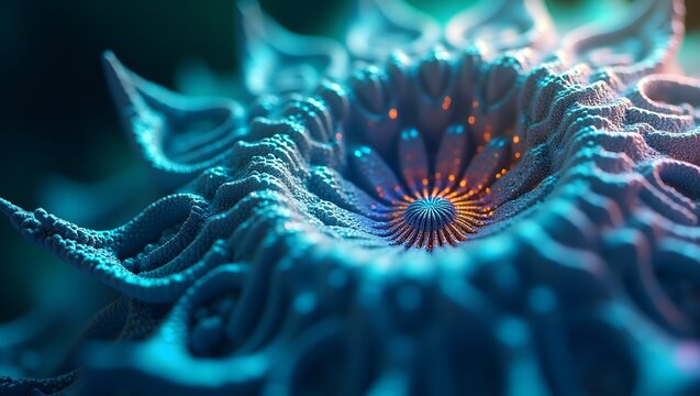 Hyper-detailed Close-ups Extreme close-up macro shot of a crystalline fractal pattern. Intricate details, sharp focus, iridescent colors, geometric symmetry, surreal lighting, sci-fi aesthetic, 4k pho