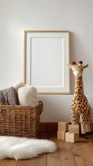 Mockup: nursery frame with blank poster, plush giraffe, wicker basket and wooden blocks in a cozy Scandinavian kids room.
