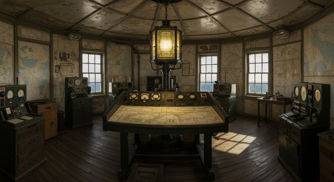 Intricate vintage lighthouse control room boasting navigational instruments and maps