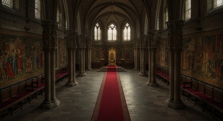 Majestic medieval throne room with golden throne and tall stone columns