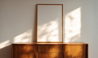 Mockup: vertical wooden frame on mid-century sideboard, blank poster with warm sunlight and soft shadows in minimalist interior.
