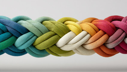 A braid of colors, each color representing different parts and elements of the product design process. The bands braided together symbolize unity among designers working on a project