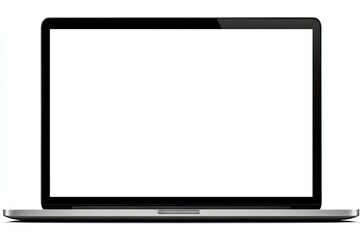 Front view of a black laptop with a blank white screen.  Silver colored base