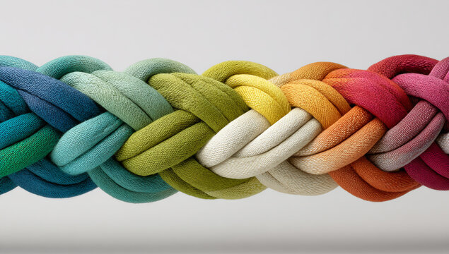 A braid of colors, each color representing different parts and elements of the product design process. The bands braided together symbolize unity among designers working on a project