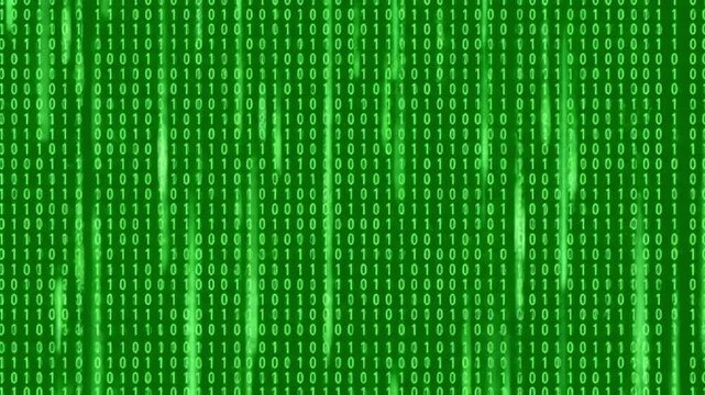 Green matrix background with digital binary code streams cascading down.