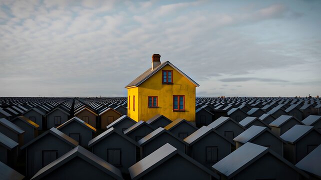 A unique yellow house standing out among dark gray houses