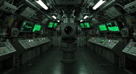 Interior view of a submarine control room featuring periscope, screens and valves