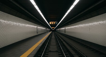 Atmospheric view inside deserted subway station with symmetrical tracks and tiled walls