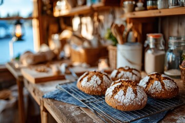 Naklejka premium Rustic bakery interior showcasing fresh artisan bread on cooling rack, wooden shelves filled with baking tools and jars, warm inviting atmosphere perfect for food photography