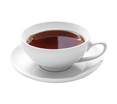 White porcelain cup of strong black tea on a transparent background