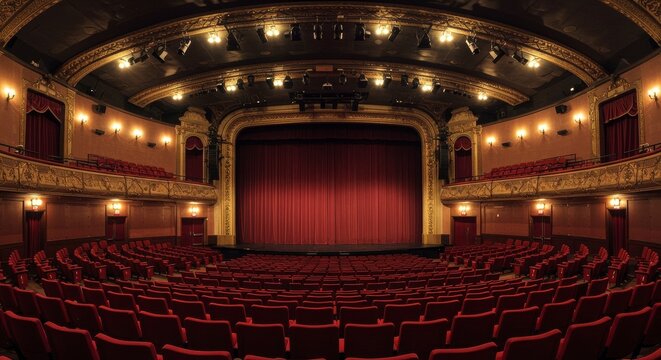 Grand interior of an empty theater auditorium with red velvet seating arrangement