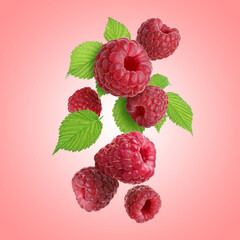 Fresh raspberries and green leaves falling against pink background © New Africa