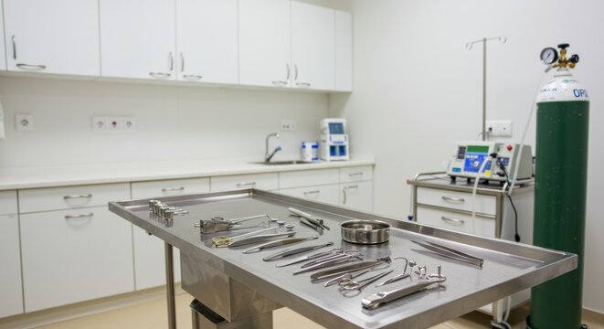 Sterile veterinary surgery room with surgical instruments and oxygen tank