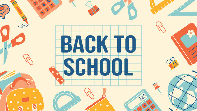 Customizable 1920x1080 back to school banner with supplies. Ready for social media headers, school websites, or printed welcome signs with editable copy space in vector format