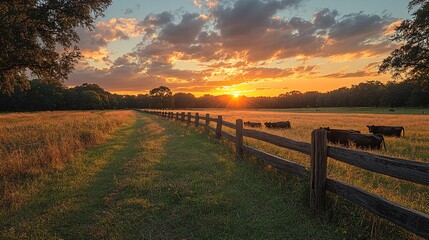 Obraz premium Cattle Grazing In A Field At Sunset, Warm Colors And Golden Hour Light