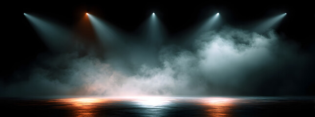 Mysterious fog and smoke effects on black gradient background with floor light beams, abstract atmospheric visuals for tech product launches, book covers or music album art design.
