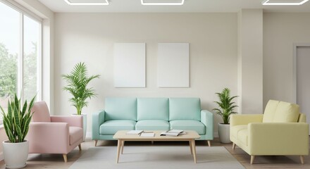 Inviting pastel lounge features minimalist furniture with blank posters