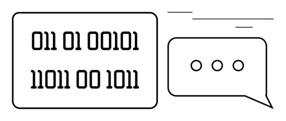 Binary code in a rectangular format and a speech bubble with three dots evoking communication, data exchange, coding. Ideal for tech, AI, communication, programming, language, chat simple flat