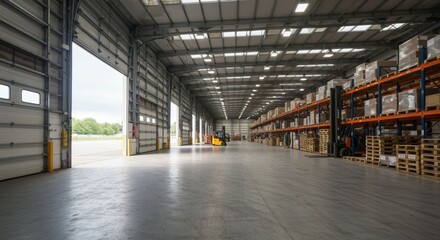 Obraz premium Spacious Distribution Warehouse Interior with Forklifts and Open Loading Bay Doors