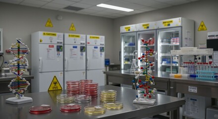 Advanced biotechnological laboratory showcasing dna models and petri dishes on counter