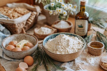 Fototapeta premium Rustic Kitchen Ingredients for Baking with Fresh Eggs, Flour, Butter, and Olive Oil Surrounded by Natural Decor and Fresh Flowers in a Cozy Setting