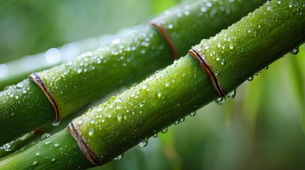 Close-up of fresh green bamboo stalks with morning dew droplets, highlighting natural texture, vibrant color, and peaceful botanical atmosphere for nature, wellness, and eco-friendly themed visuals