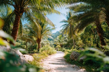 Serene Tropical Pathway Surrounded by Lush Palm Trees and Vibrant Greenery Beneath a Clear Blue Sky in a Peaceful Natural Environment