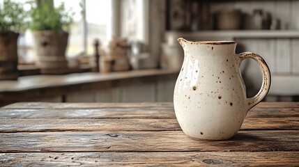 Cream Speckled Pitcher On Rustic Wooden Table In A Kitchen