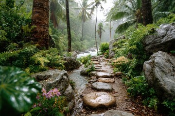 Serene Tropical Rainforest Pathway Surrounded by Lush Greenery, Babbling Brook, and Misty Atmosphere, Ideal for Nature Lovers and Adventure Seekers
