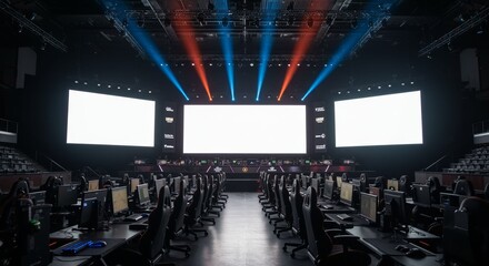 Empty esports arena with gaming setups and LED screens ready for competition