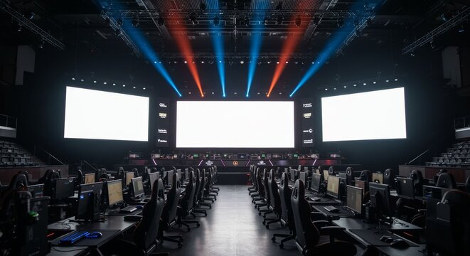 Empty esports arena with gaming setups and LED screens ready for competition