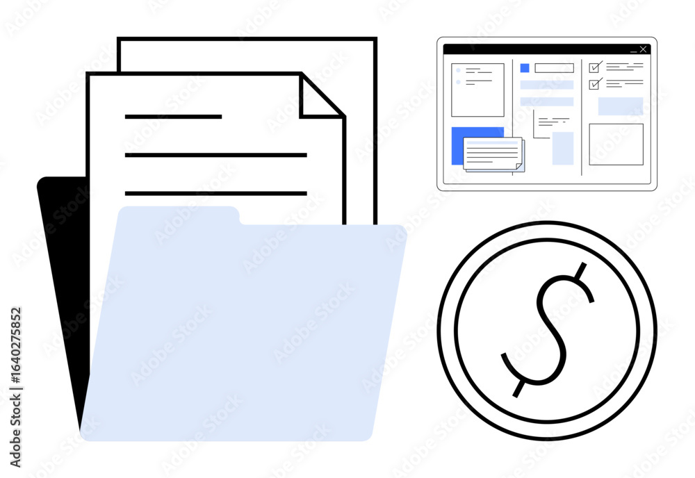 Poster folder with documents, web interface for file organization, and dollar sign in a minimal style. idea