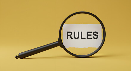 Magnifier focuses on the word rules. Analyzing or following the rules