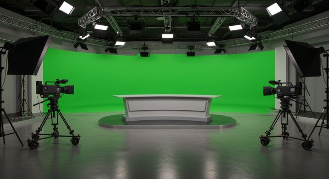 Professional broadcasting studio with green screen and camera setup for media production