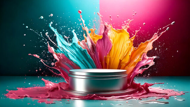 Colorful paint explosion on silver podium with teal and pink split background paint splash