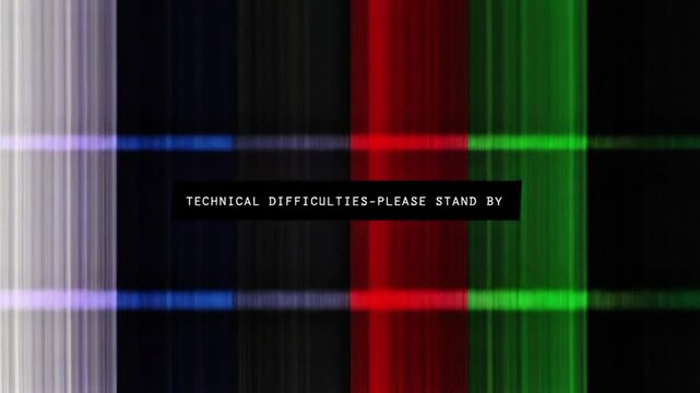 Abstract background of a retro television test pattern signifying a system failure. The screen shows a 'Technical Difficulties, Please Stand By' message on glitching color bars.
