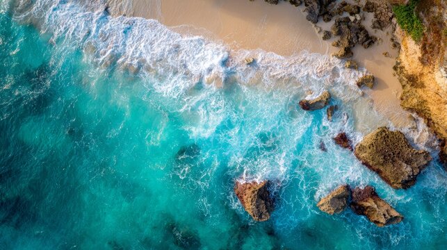 Overhead view of tropical turquoise sea meeting rocky coastline, foamy waves creating beautiful textures, vibrant ocean scene perfect for travel, summer, and coastal lifestyle themed projects
