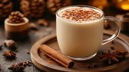 Warm Creamy Beverage in Mug on Wooden Tray