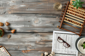 Accounting with Abacus and Financial Documents on Business Desk Calculating Market Data and Stock Market Research