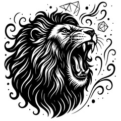 Obraz premium Black and White Roaring Lion Illustration – Detailed Stylized Head with Flowing Mane and Geometric Accents