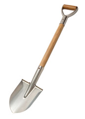 Metal shovel with wooden handle for gardening and construction on transparent background