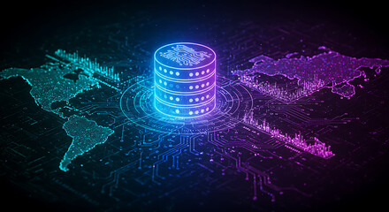 Global data storage and cloud computing technology concept. A glowing database connects the digital world map on a circuit board.