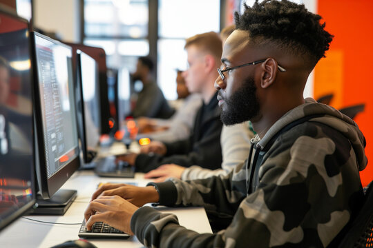 Computer programmers in the office collaborating on coding projects within a diverse team of multi-ethnic coworkers focused on solutions
