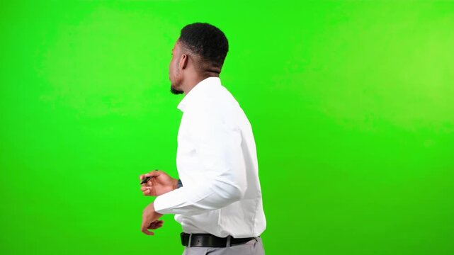 An african american businessman walks in with a sharpie marker and gestures drawing of a big cross in front of him, signaling a stop, wrong action or incorrect answer