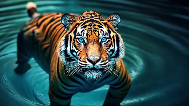 Majestic tiger wading through water, intense gaze, powerful and serene.