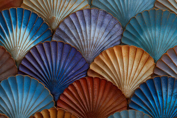 Colorful close-up of textured scallop shell tiles in an overlapping pattern with radiating lines. Ideal for backgrounds, design inspiration, or natural decorative concepts in coastal or boho styles.