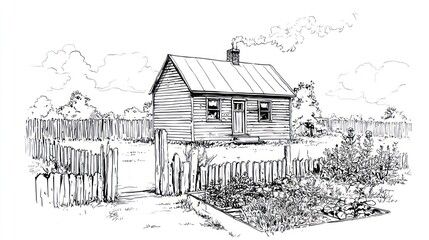 Ink drawing of a simple house in a fenced garden under a cloudy sky