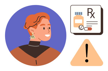 Smiling individual next to prescription details including medicine bottle, pills, and a warning triangle. Ideal for healthcare, medication safety, prescription awareness, risk management, medical