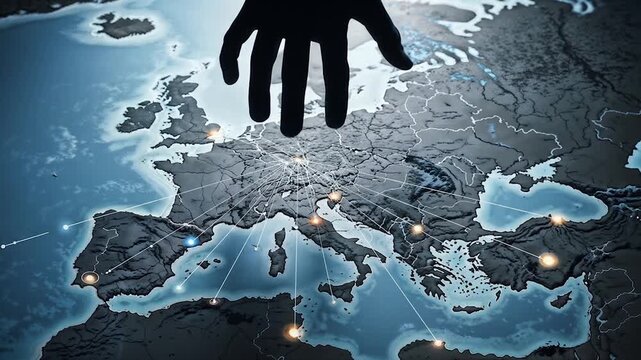 Dark silhouette hand reaching toward European continent map suggesting political manipulation or corporate control over regional territories and governance